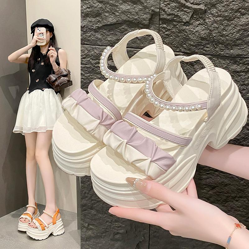 Fashion 8CM Summer Casual High Platform Sandals Women Buckle Strap Slippers Thick Bottom Pearl Sandalias Woman Chunky Casual Shoes Mujer
