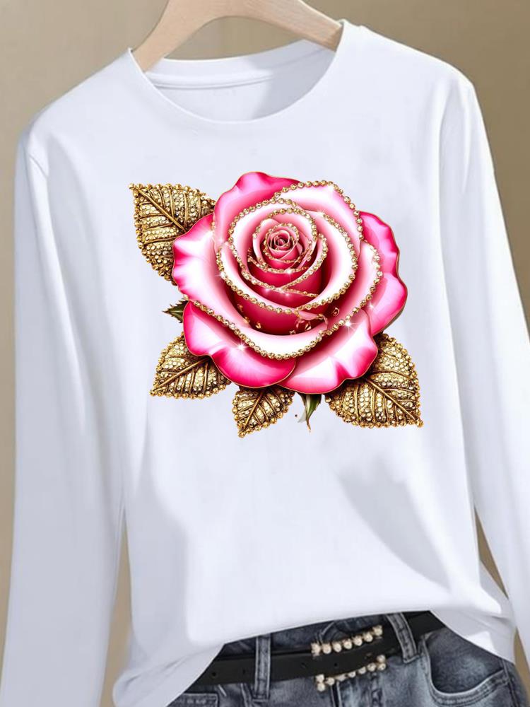 (Asian Size) flower style trend Clothing Women Graphic Tee o-neck Print T Shirt Casual autumn winter spring Fashion Top Long Sleeve T-shirts