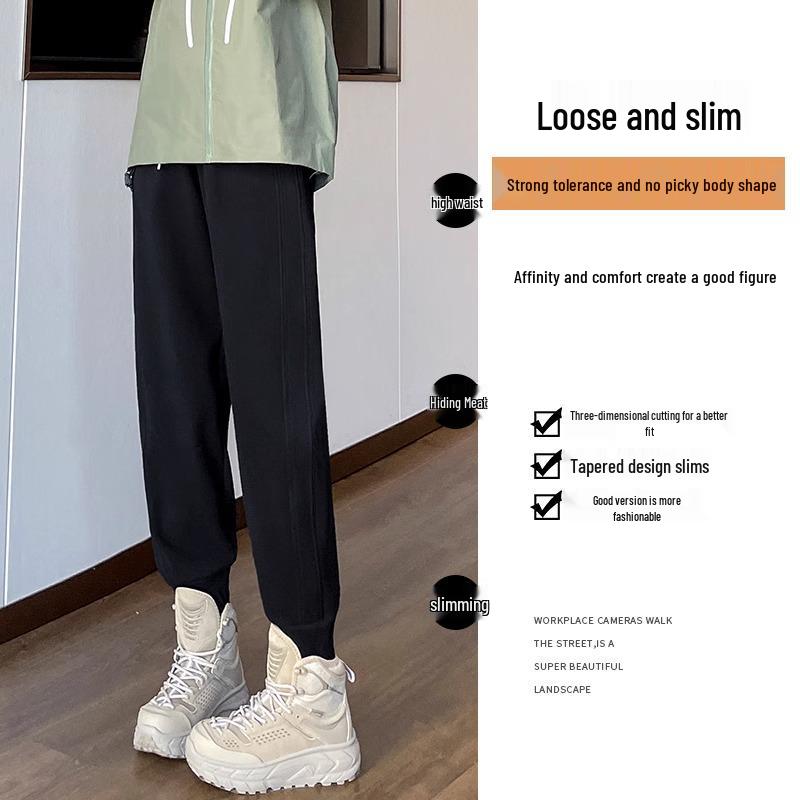 Women's Dark Blue Fleece-Lined Windproof Harem Sweatpants - Loose, Cuffed, Thick, and Warm for Autumn and Winter