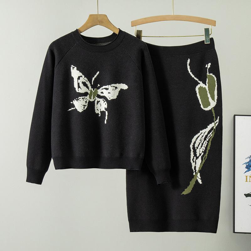 

Весенний женский новый свитер с вышитой бабочкой, юбка, модный комплект из двух предметов one size чёрный