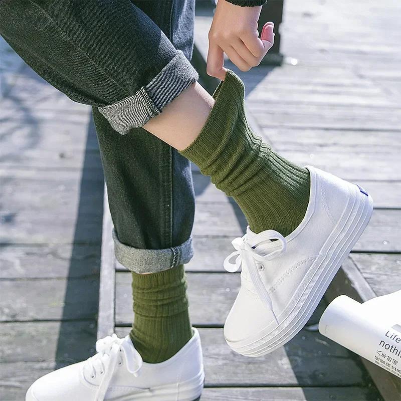 Solid Color Harajuku Knitted Cotton Women Socks Retro Korean Vintage Streetwear Japanese Style Kawaii Cute Cotton Long Socks