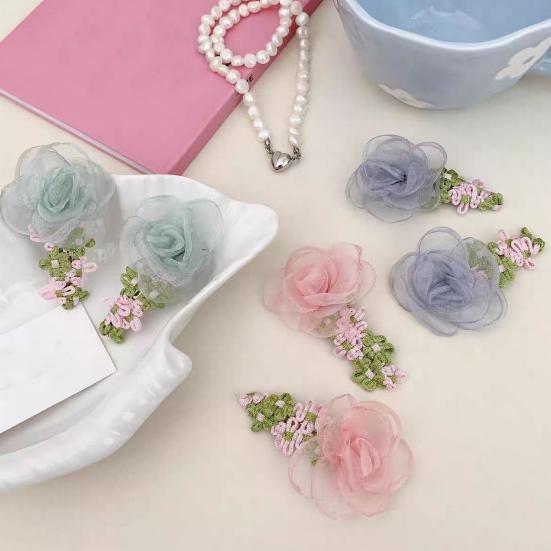 Hairpin Organza Flower Hair Clip with Hand-Crocheted Petals Leaves Sweet Style Bang Hair Pin Hair Accessories