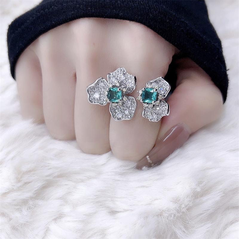 Women s Adjustable Green Zirconia Gemstone Flower Ring - Light Luxury Xiaohongshu Douyin Style