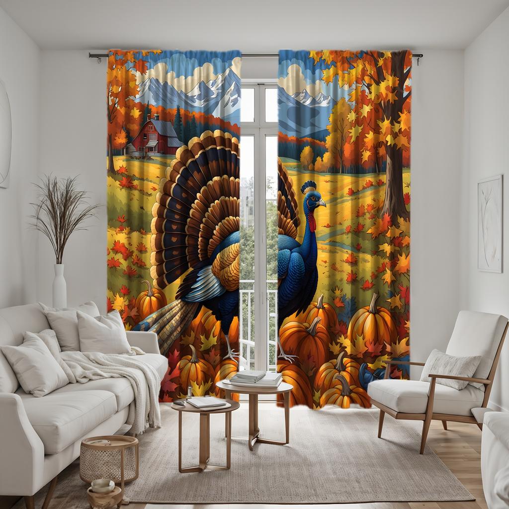 2pcs Set HD Harvest Festival Garden Pumpkin Maple Flower Peacock Decorative Curtain Yellow Tie Digital Printed Curtain Home D