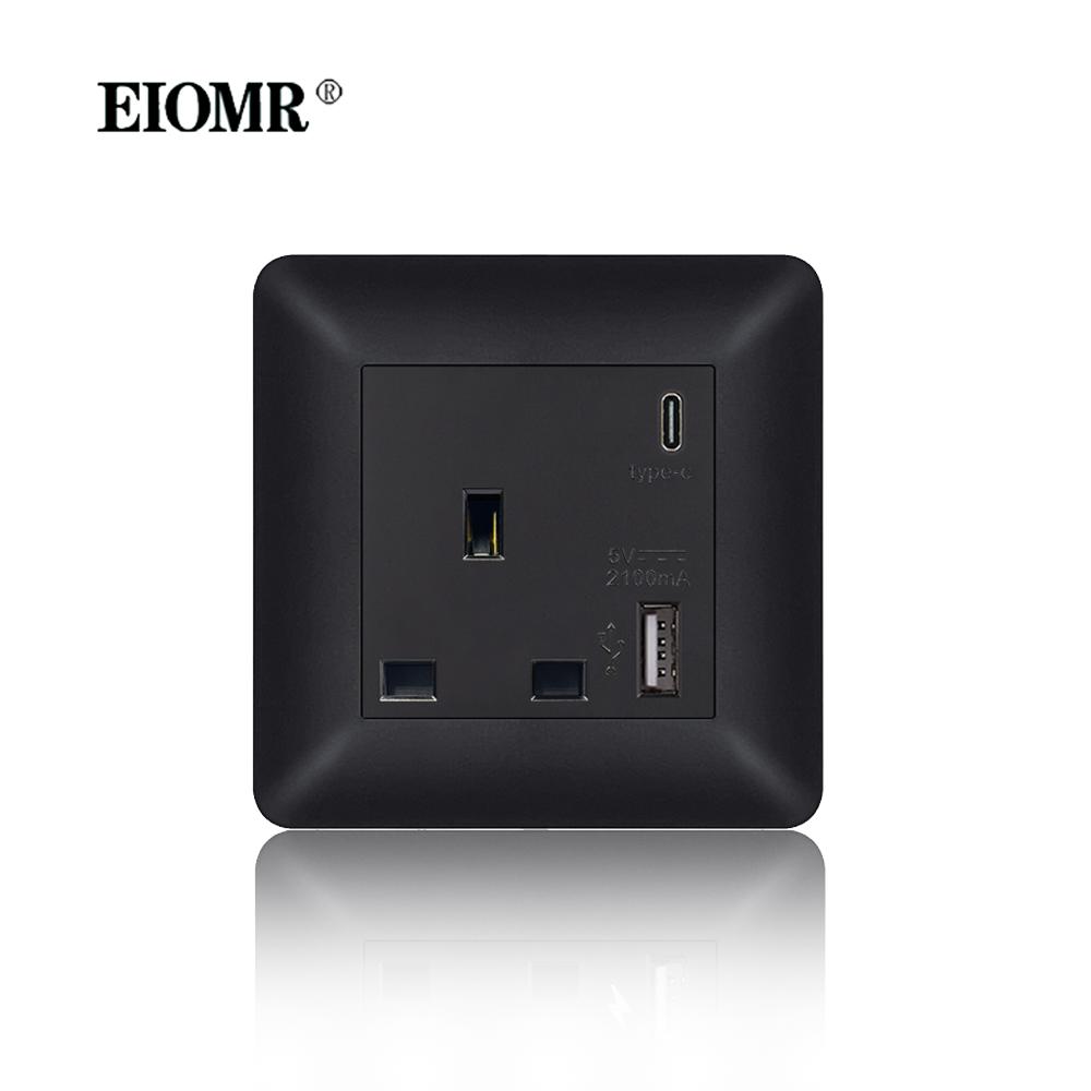 EIOMR 13A UK Standard Plug Power Wall Socket and Switch 250V, with USB Type-C Charger Port 5V 2.1A, Black PC Curved Frame Panel