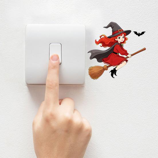 Festive Party Ornaments Halloween Switch Sticker, Witch Riding Broom Light Decal, Easy Apply Wall Stickers Self-Adhesive for Bedroom Living