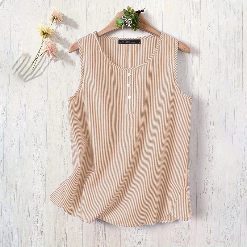ZANZEA Women Casual Round Neck Loose Sleeveless Stripe Tank Tops