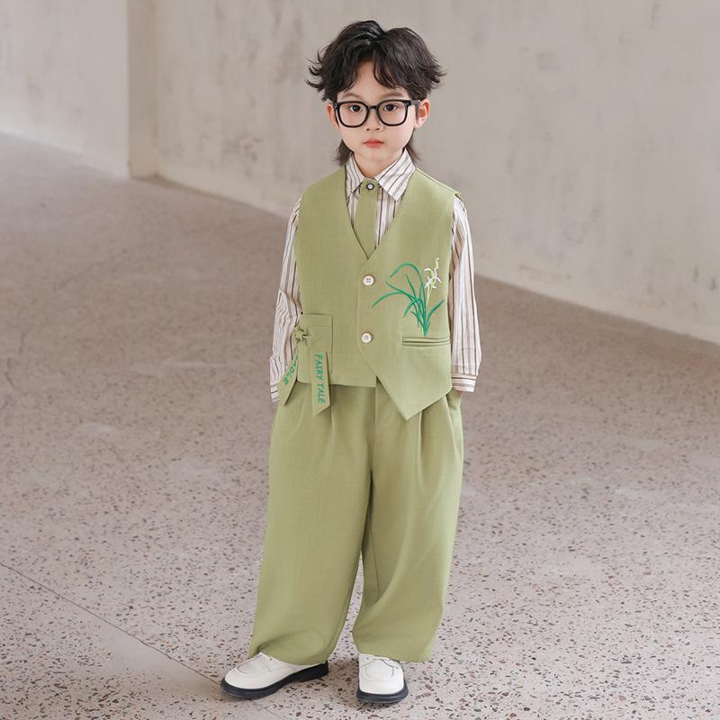 Kids Boys Chinese Style Formal Suit Set Orchid Embroidered Vest Striped Shirt Pants Gentleman Outfit for Wedding Birthday Party