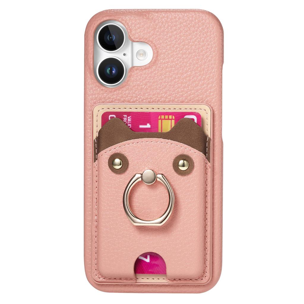 Y6 For iPhone 16 Case Cute Bear Design PU Leather+TPU Card Holder Phone Cover - Pink