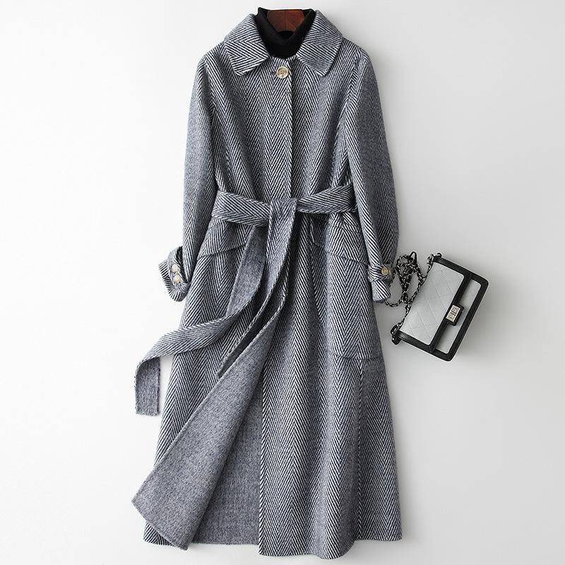 New winter double-sided fleece wool coat herringbone pattern fashion long slim and thin coat