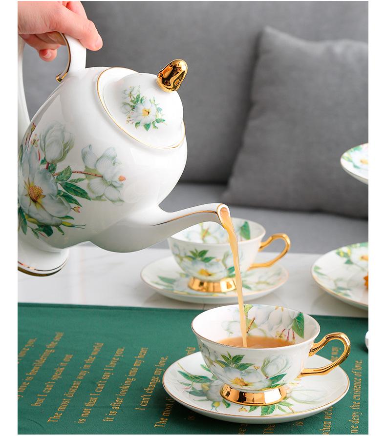 Camellia Gold-Trim Bone China Coffee Set: Cup, Saucer, Spoon, Pot, Milk Jug, Sugar Bowl, Pastry Skewer, Plate - Light Luxury.
