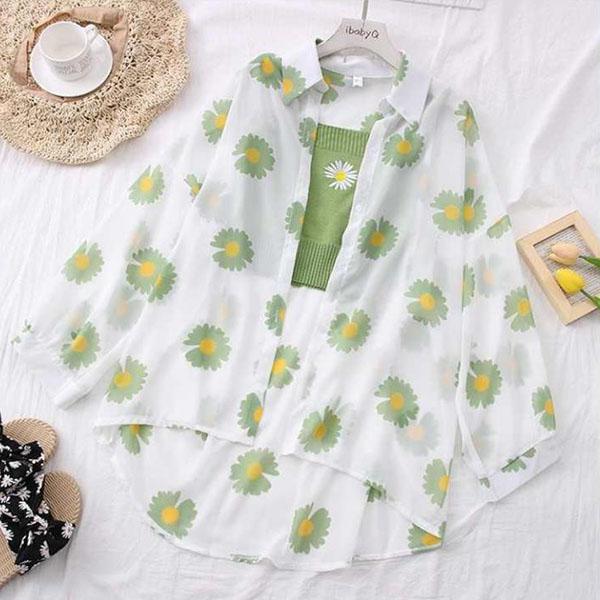 

WTEMPO женские весенне-летние универсальные тонкие шифоновые рубашки с длинными рукавами с принтом маргариток, большие размеры, свободные солнцезащитные дышащие рубашки, пальто с пуговицами XL зелёный