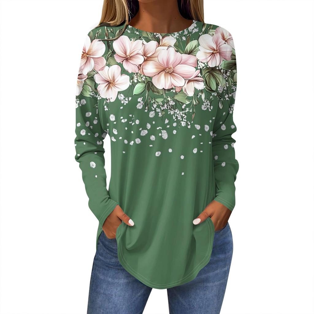 Women's Loose Round Neck Print Long Sleeve T-Shirt Top Pullover
