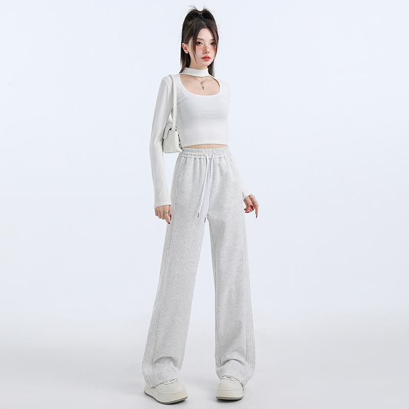 Women's High-waisted Wide-leg Pants, Women's Casual Pants for Autumn and Winter, Women's Drawstring Sweatpants for Autumn and Winter