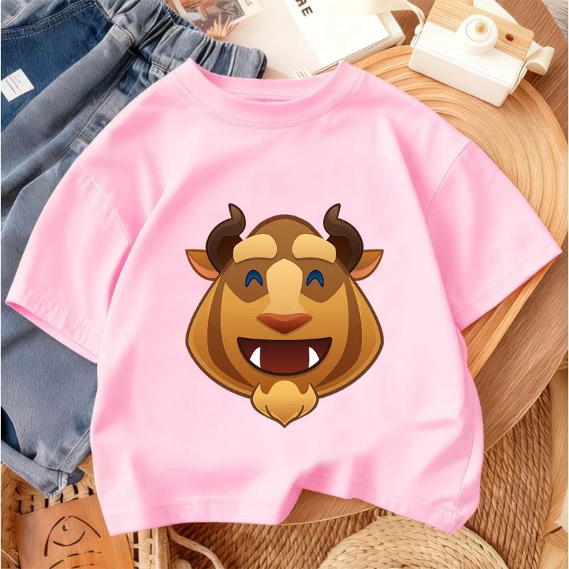 Summer Casual Everyday Children's Crew Neck T-shirt with Cute Beauty and the Beast Cartoon Print