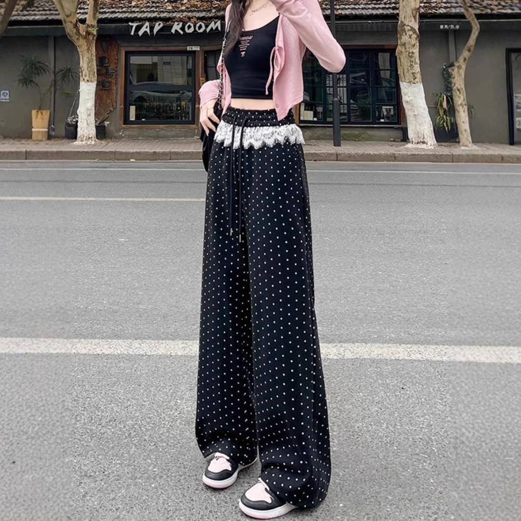 Women's High-Waist Polka Dot Lace Patchwork Wide-Leg Pants - Spring 2025 Collection