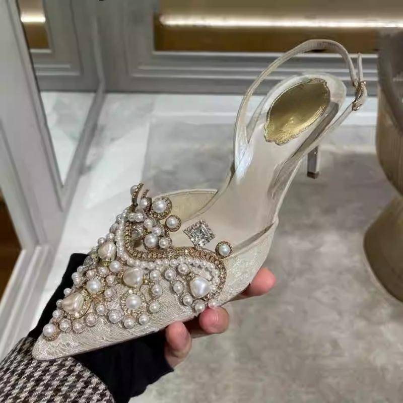 Fashion 2025 Women's Summer New High-heeled Thin-heeled Rhinestone Pearl Lace Bag Head Pointed Sandals