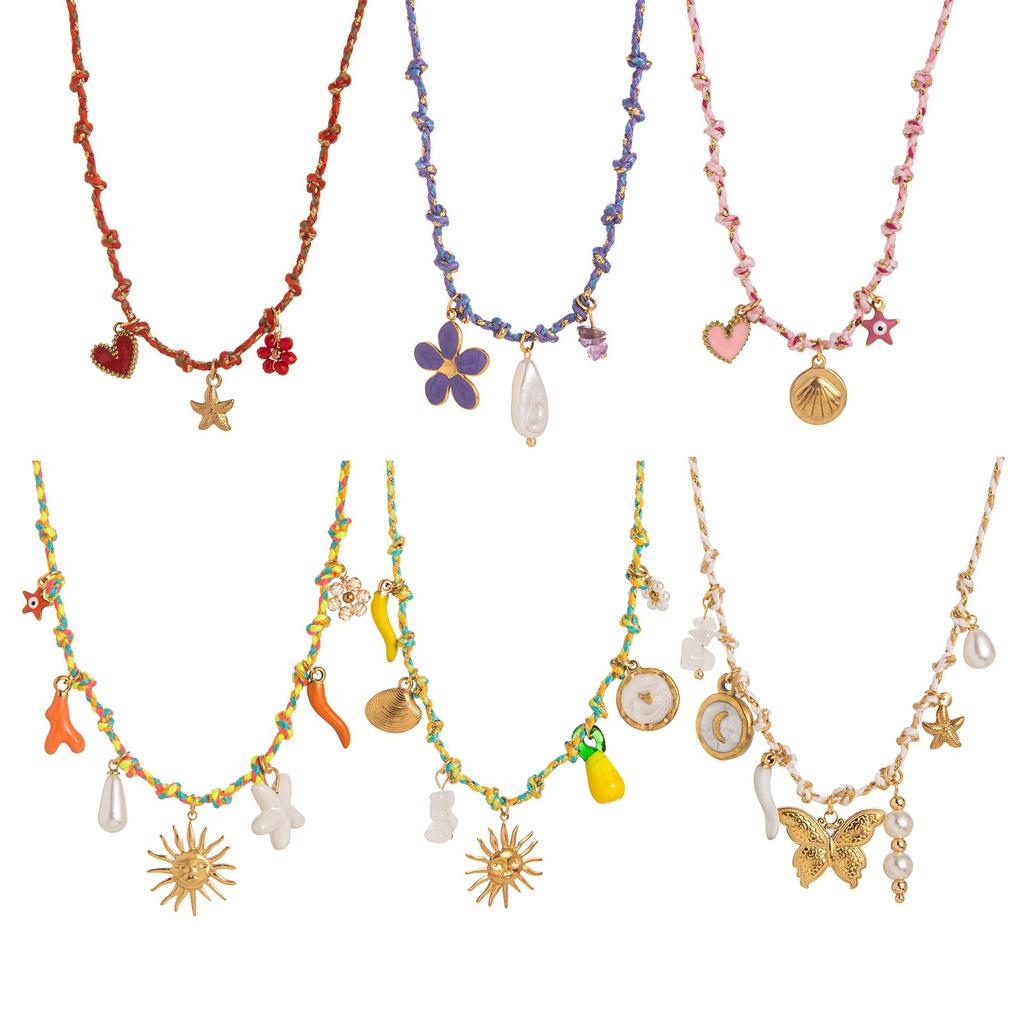 Flower Ocean Shell Sun Pendant Necklace Braided Cord 304 Stainless Steel Women's Stylish Gift Jewelry 40cm(15.7") + 5cm(2") long