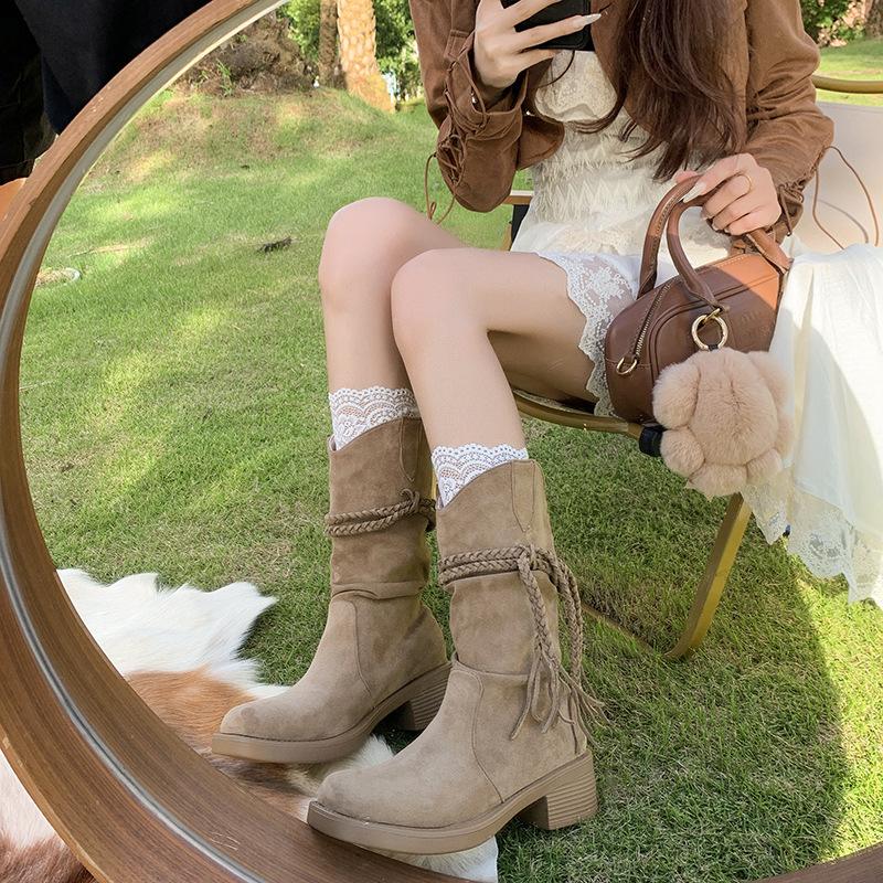 Brown short boots women's 2025 new autumn and summer thin pile boots retro wasteland wind fringed knight boots Europe and America