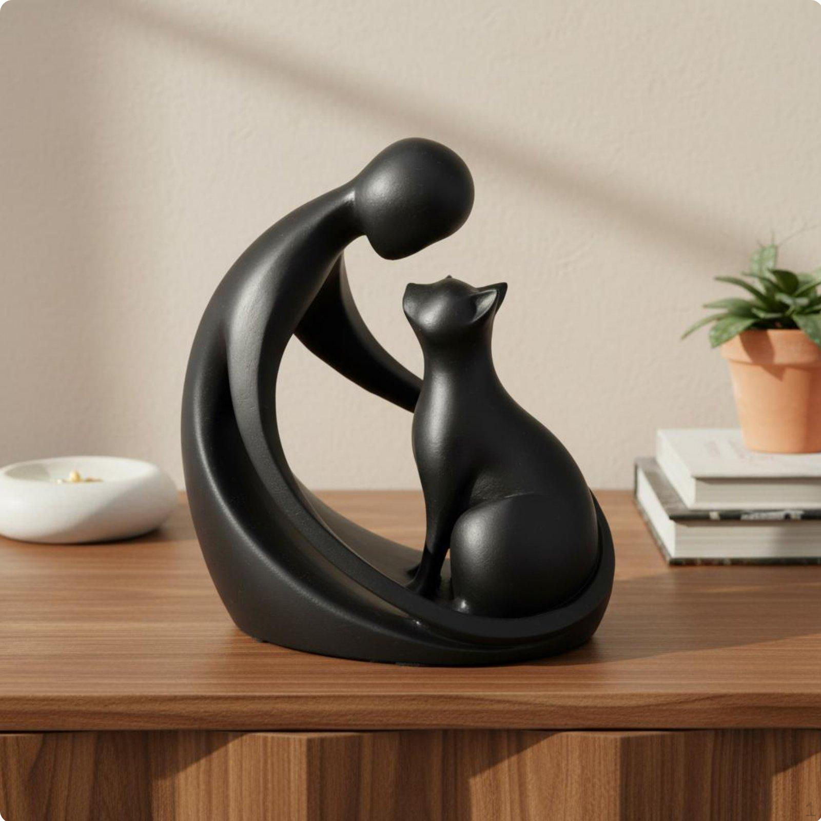 Person Hugging Cat Statue Minimalist Design Human and Figurine Tabletop Ornament Abstract Pet
