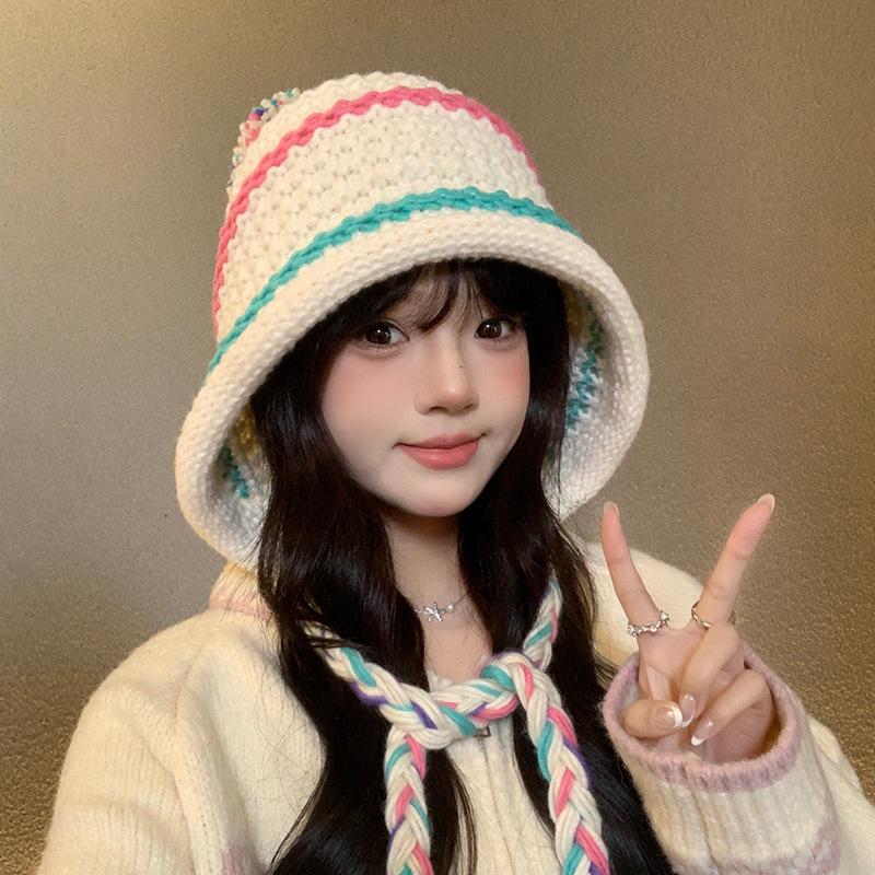 Japanese-style rainbow striped knitted hat for women, autumn and winter warm ear-protecting tie-back pullover hat, versatile woolen hat for students,