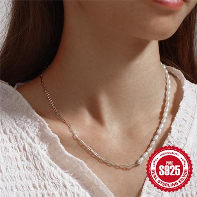 Simple S925 Sterling Silver Pearl Chain Splicing Necklace Paper Clip Sterling Silver Necklace Chocker