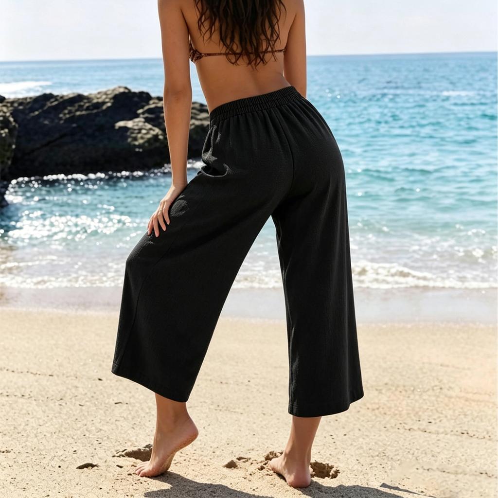 Pantaloni scurți evazați pentru femei cu buzunare Talie elastică Vară Plajă Vacanță Casual Croială largă Pantaloni pentru uz zilnic