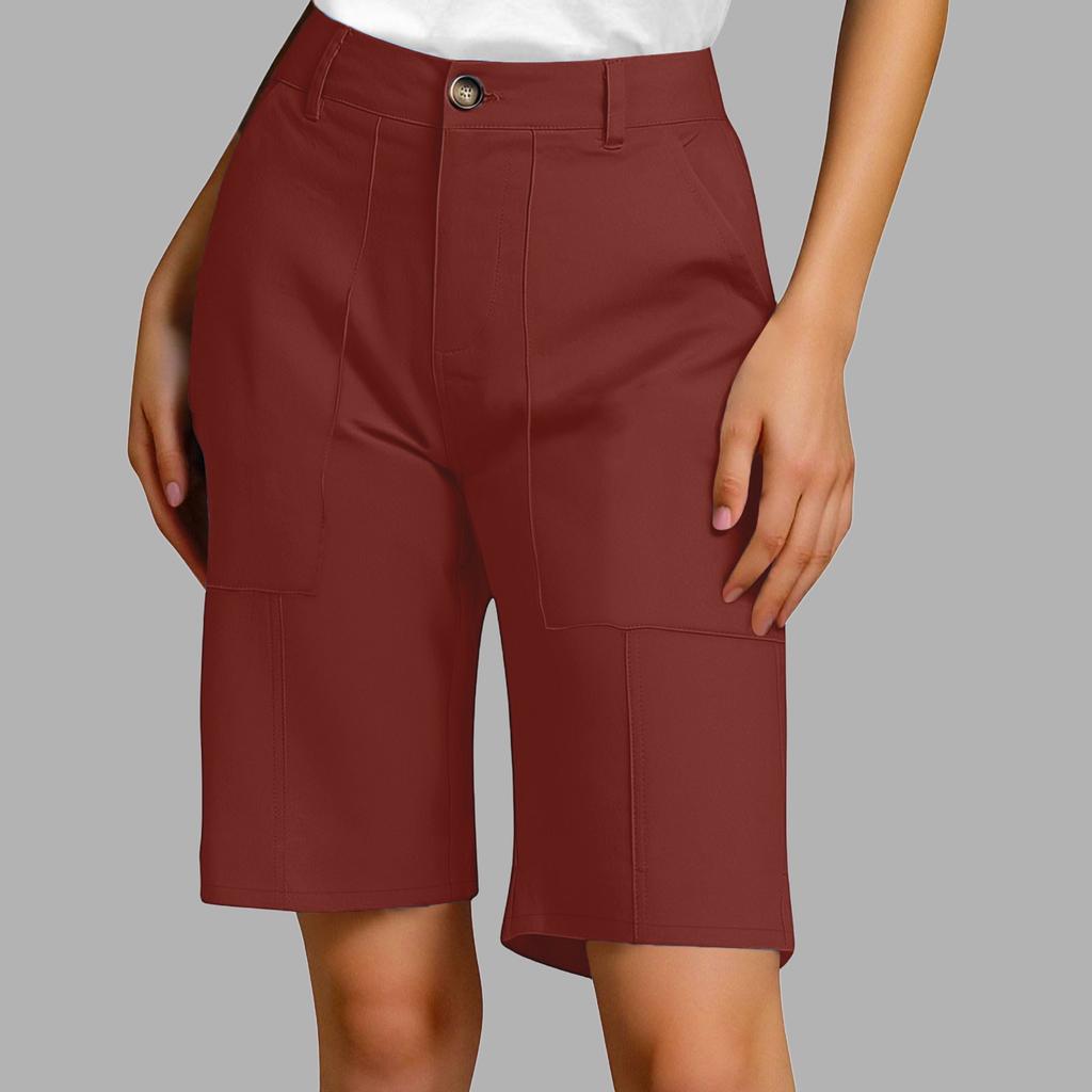 Women's Summer Casual Fashionable Loose And Comfortable Knee High Waisted Elastic Band Pocket Shorts