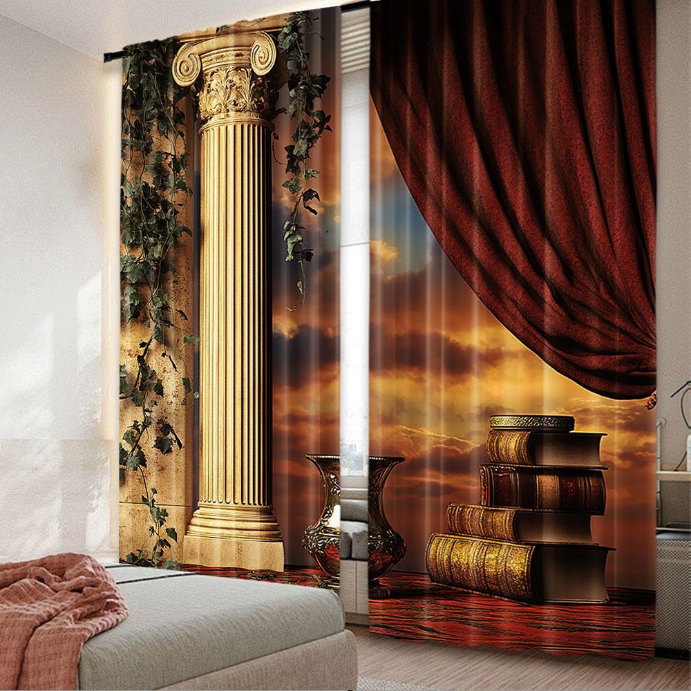 

2Pcs Gothic Curtains Greek Style Scene Columns With Vines And Red Curtain Sunset Suitable For Bedroom Bathroom Living Room 29x65in(75x166cm)