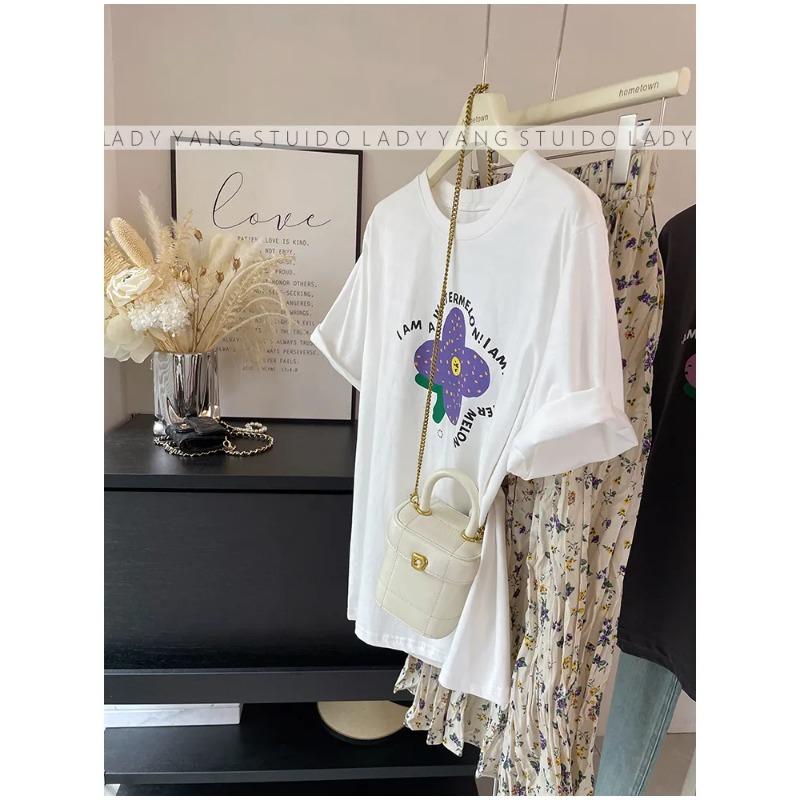 Women Watermelon Flower Letter Graphic Crew Neck Roll Cuff Short Sleeve T-shirt