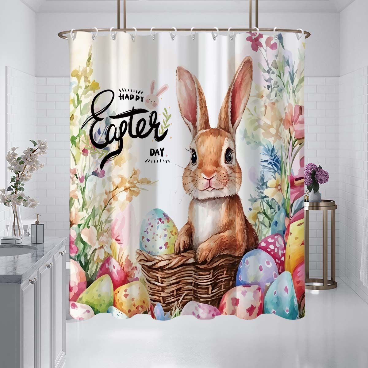 

1 180X180Cm Easter Themed Cartoon Rabbit Easter Egg Pattern Printed Shower Curtain Partition Bathroom Waterproof 180x180cm
