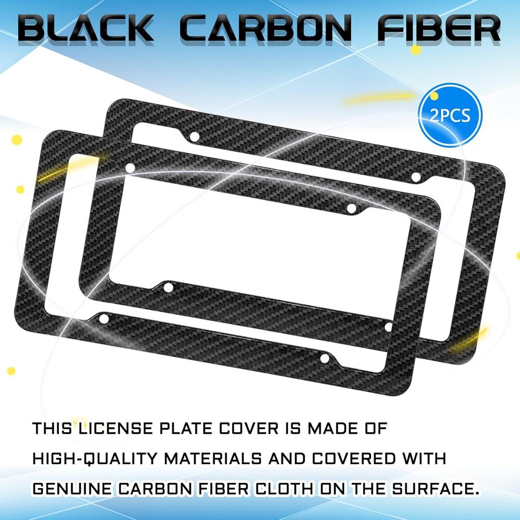 2PCS Carbon Fiber License Plate Frame, Waterproof Plastic Number License Plate Cover, Car Accessories Licence Plates Frame Holder with Fasteners and