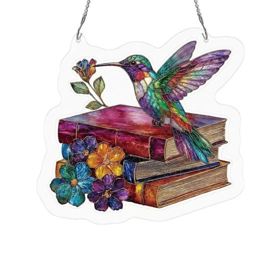 Bookish Acrylic Puzzle Suncatcher Stained Glass Style Window Hanging Ornament Hummingbird Floral Book D