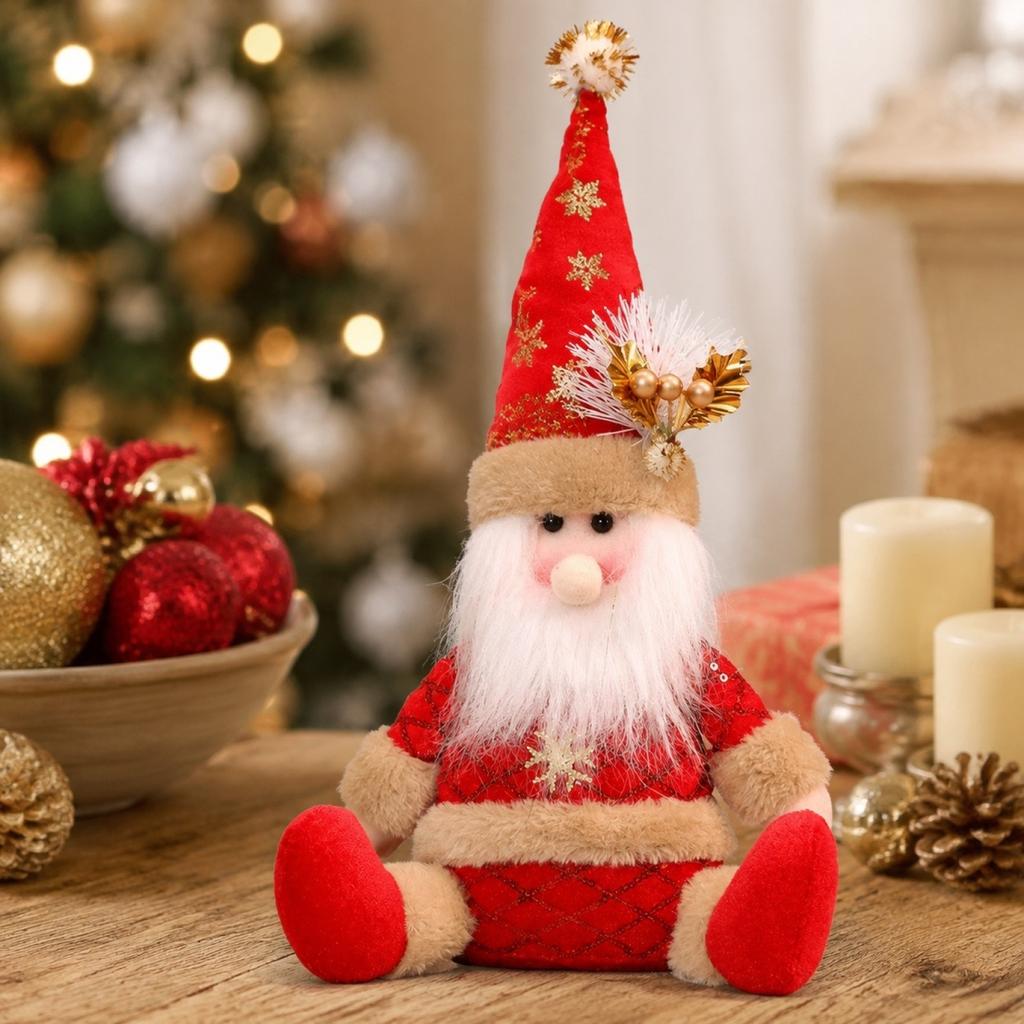 Faceless Christmas Snowman Figurine with Long Legs, Red Sitting Fabric Doll for Desktop Holiday Decor