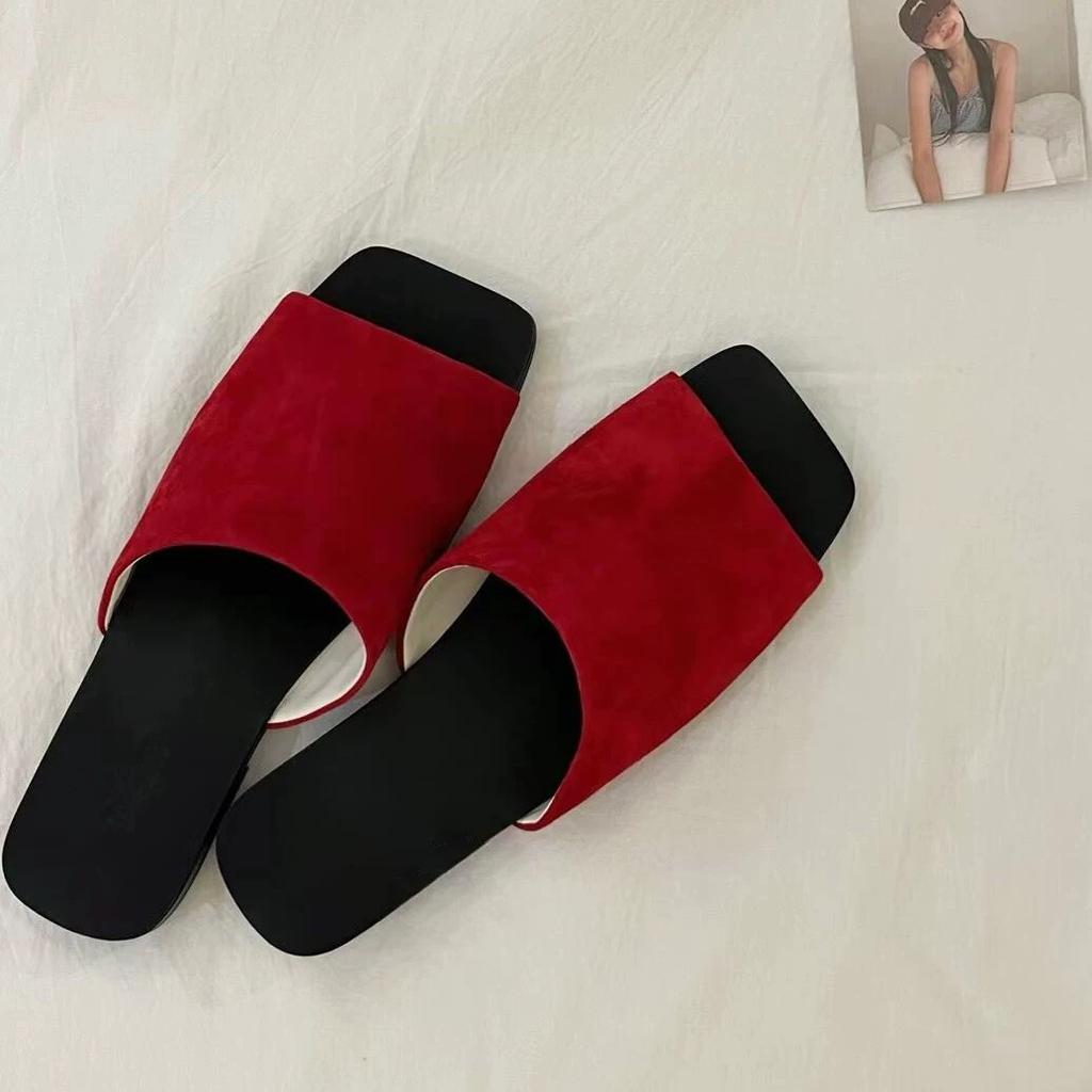 Sheepskin version~ niche flat-bottomed one-word slippers for women to wear new beach square head cool slippers