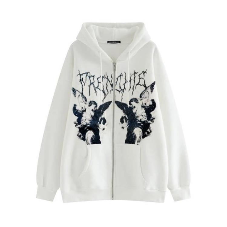 

Y2K Harajuku Goth Angel Dark Print Hip Hop Streetwear Hooded Zip Jacket Coat Women Men Unisex Hoodies Top Clothes XXL белый