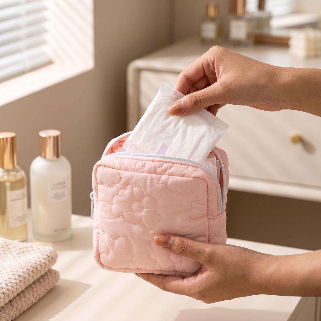 Cute Sanitary Napkin Pouch - Zipper Case for Pads and Small Valuables - Compact Feminine Product for Purse