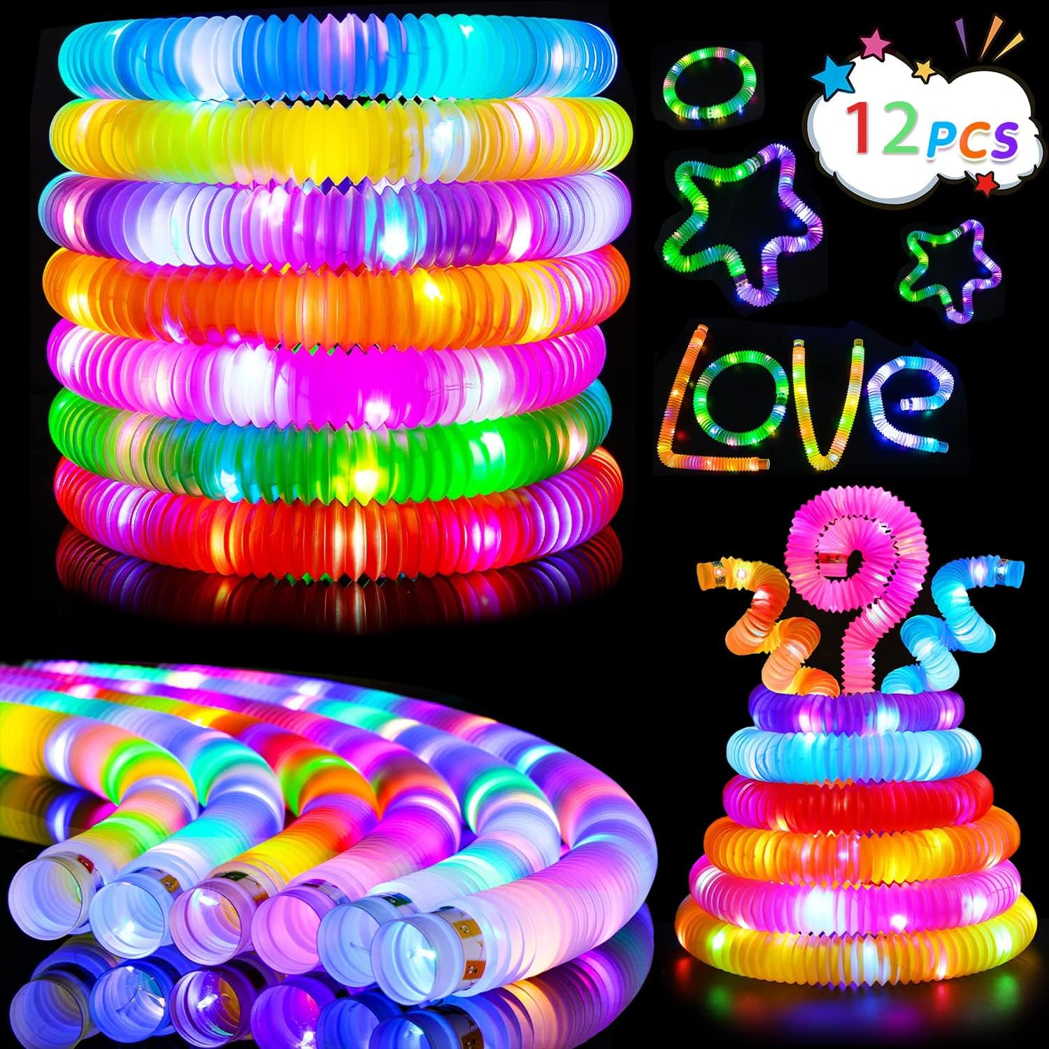 

YeahBoom Поп-трубки, Светодиодная растягивающаяся трубка, Аксессуары для вечеринок в темноте, Набор для вечеринки со светящимися палочками, Светящиеся поп-трубки, Светящаяся игрушка, Светящиеся палочки Stretch Tube