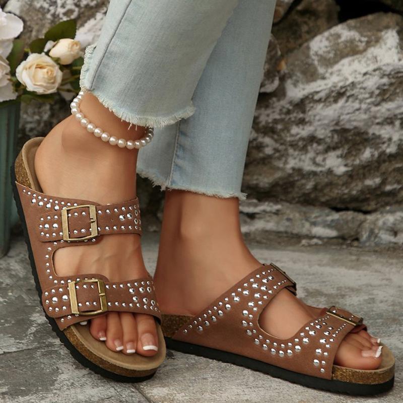 Fashion Summer Suede Flat Slippers for Women Soft Bottom Rivet Street Style Woman Slippers Buckle Strap Solid Woman Slides
