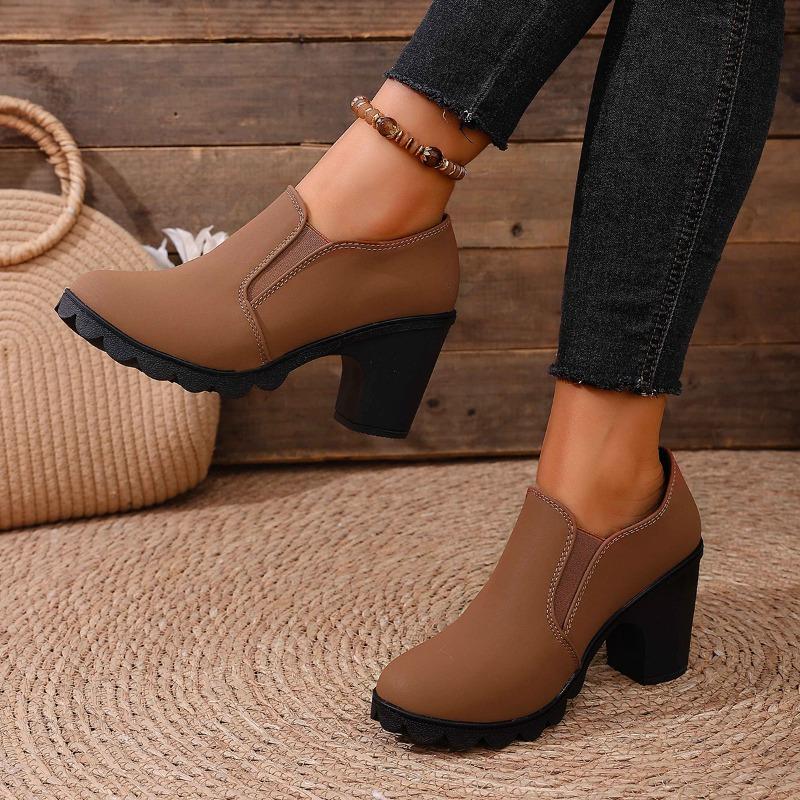 Women's Platform Chunky Heel Loafers - Round Toe Deep V Slip-On Pumps with Waterproof Sole, Fashion Casual Shoes for Spring/Fall