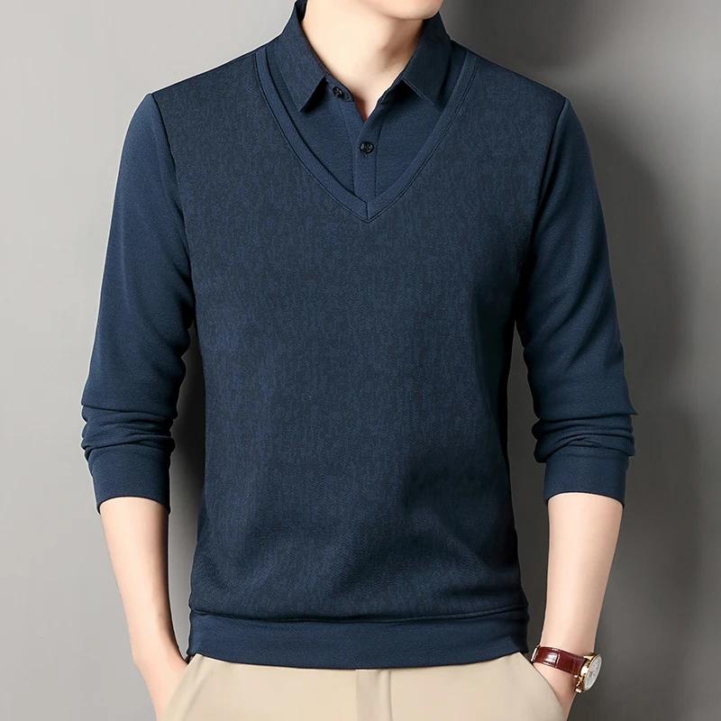 

2025 Autumn Men Seersucker Patchwork Sweater Men Fleece Warm Pullover Male Shirt Collar Knitted Sweater Man Casual Undershirt XXXL