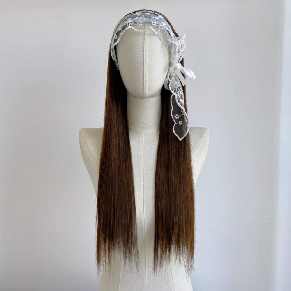Douyin Lace Bow Headband Long Straight Wig for Girls - Black Full Cover Hairstyle