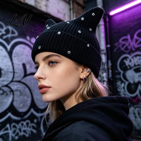 Contrast Color Striped Hat Cat Ear for Women Girls Slouchy Crochet Headgear Fashionable Streetwear Headwear with Shiny Rhinestones Cute Winter Warm