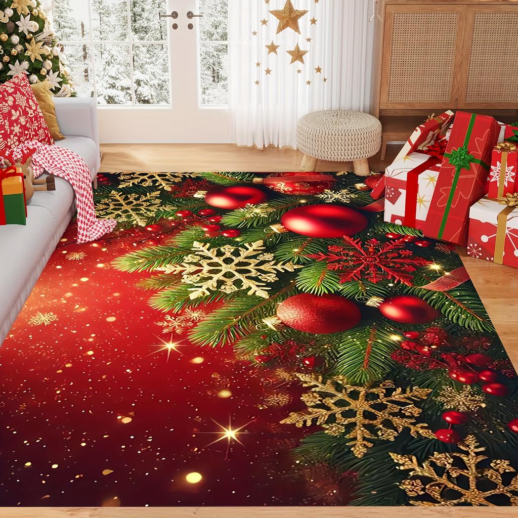 1pc Red‑Bell‑Holly‑Berry‑Snowflake Print Area Rug, Washable Indoor Floor Mat for Entryway,Game Room, Living Room, Study, Bedroom