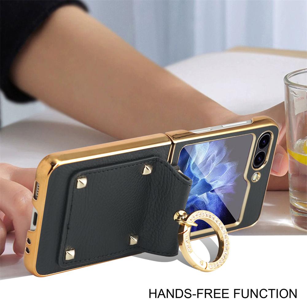 Glitter Diamond Rings Leather Plating Phone Case for Samsung Z Flip 6 5 4 3 Flip6 Flip5 Luxury Shockproof Protective Back Cover