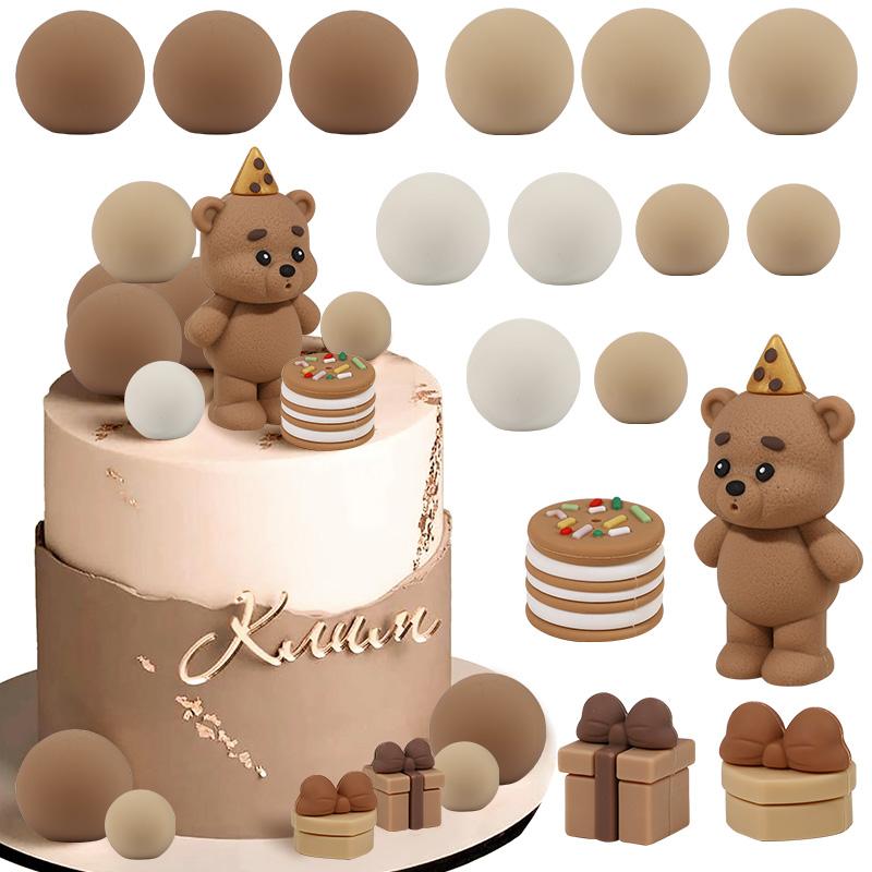 16pcs/set Bear Balls Cake Topper for Kids Boy Girl 1st Birthday Party Decoration INS Style Cake Decor Teddy Theme Baby Shower