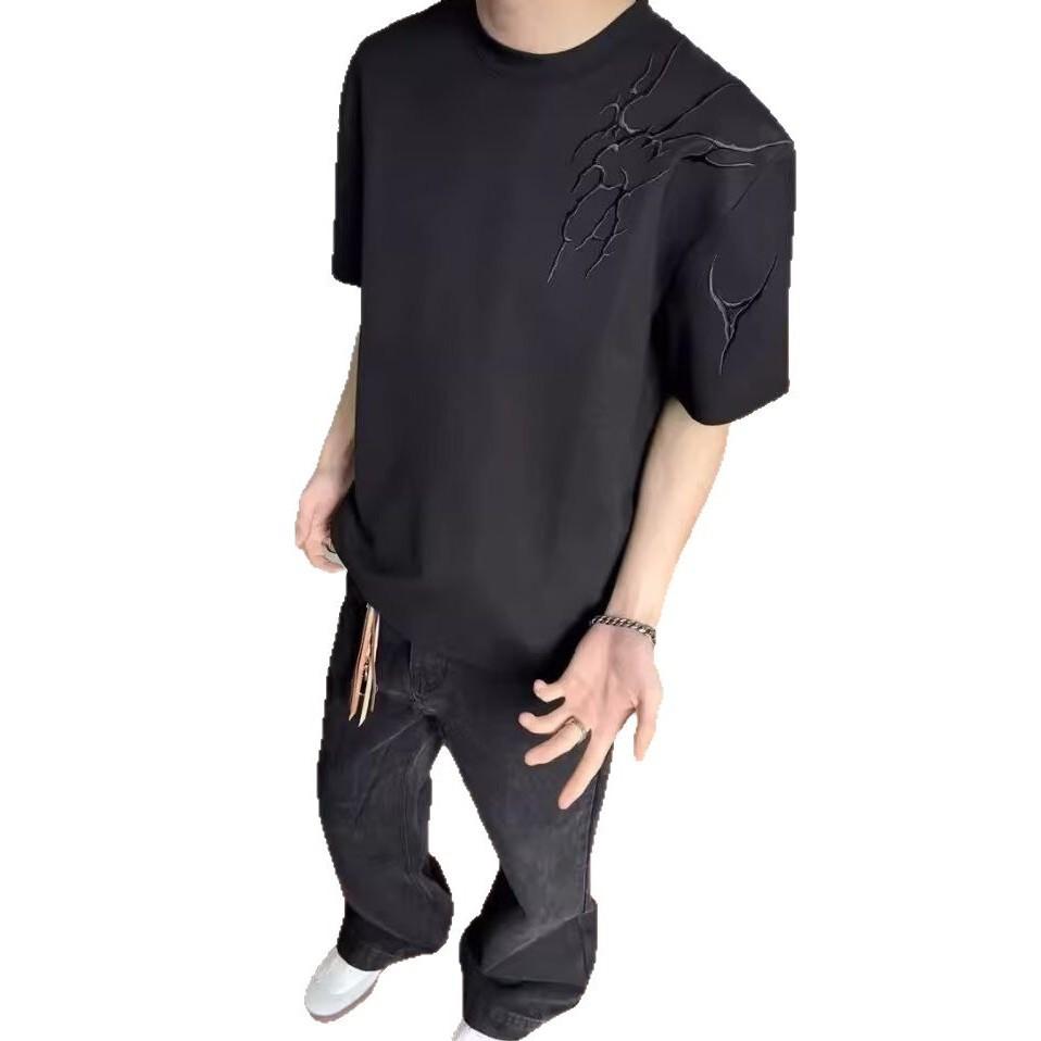 Embroidered T-shirt Men's Summer American High Street Crew Neck Top Front Shoulder Half Sleeves