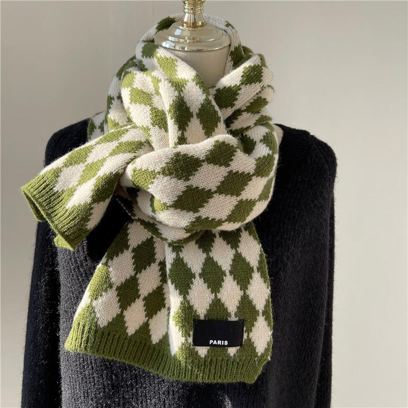 Scarf for Women Autumn and Winter Korean Version Versatile Checkerboard Student Couple Warm Knitted Wool Scarf Spring Festival Festive Red