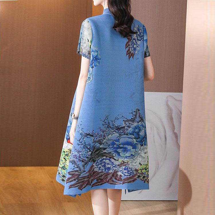 Vestido plisado estampado de manga corta de estilo chino Retro para mujer nuevo verano falda reductora de edad con hebilla y cuello levantado para mujer