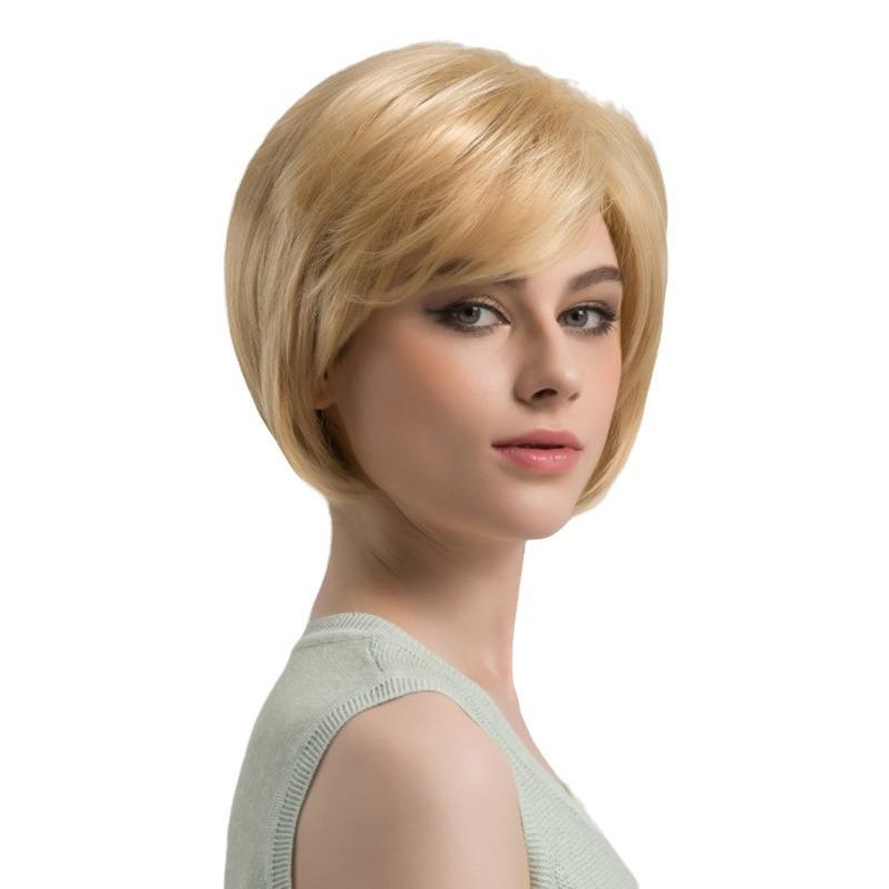 Women's Fashion Short Straight Bob Wig, Blonde Side-Swept Bangs High-Temperature Fiber Synthetic Hairpiece